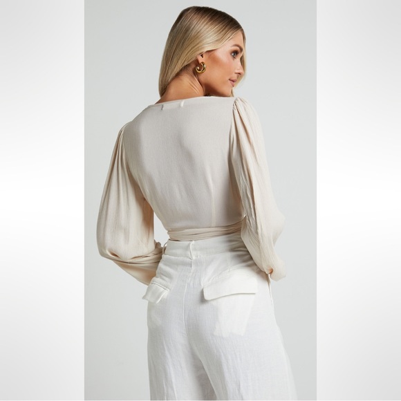 Showpo Sand Amaina Plunge Long Sleeve Wrap Top - Picture 2 of 2